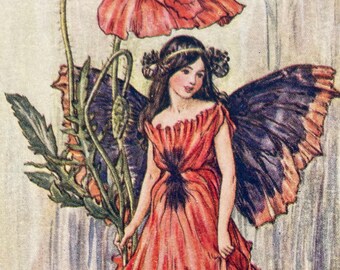 Vintage Flower Fairies Print, The Poppy Fairy, Original 1930s Children's Book Plate Illustration