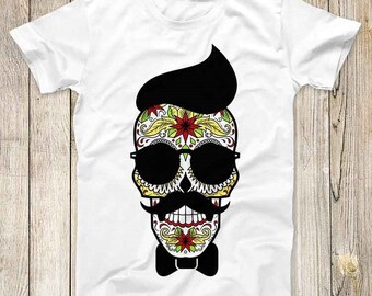 Hipster Sugar Skull Gay Mustache Sun Glass Top Tee Best Cute Gift Men Women Unisex Retro Style T Shirt 3151
