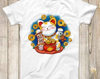 Maneki Neko Smiling Face Lucky Cat Funny Top Tee Best Seller Birthday  Gift Men Women Unisex T Shirt 3238