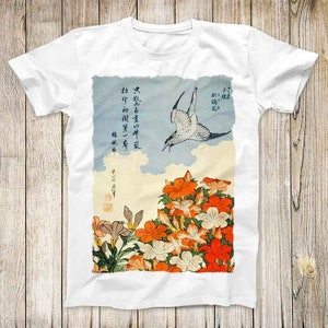 トップス Kashiko ink Painting Top Katsushika Hokusai Cuckoo & Azaleas Painting Design Tee
