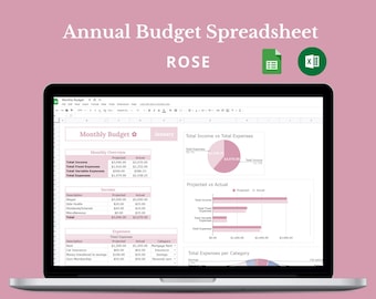 Rose Pink Annual Budget - Excel Spreadsheet - Google Sheet - Digital File