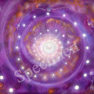 May include: An abstract painting with a spiral design in shades of purple, gold, and white. The artwork features a central bright light source surrounded by concentric circles and glowing orbs. The word "Specimen" is visible.