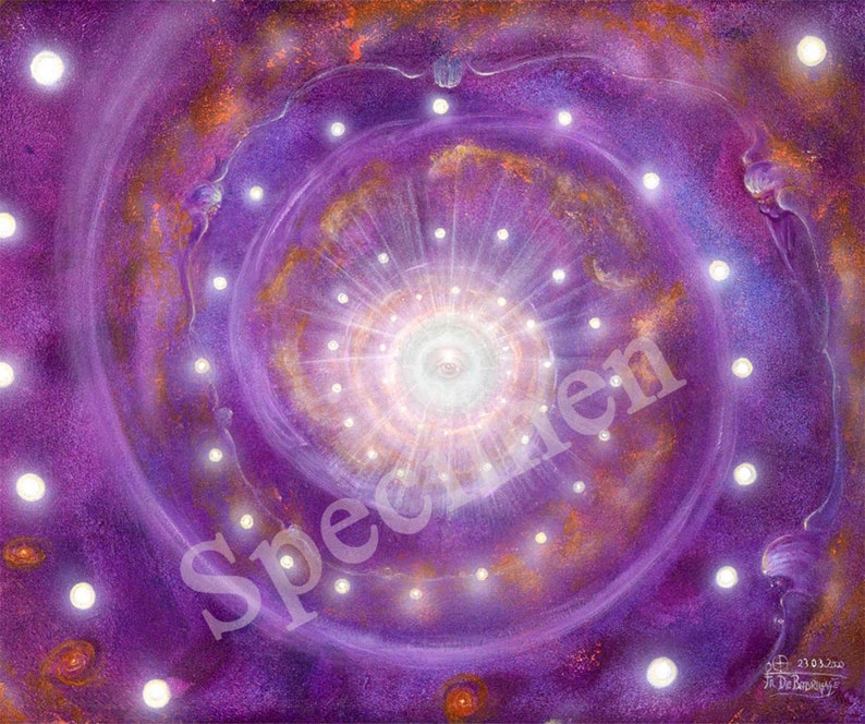 May include: An abstract painting with a spiral design in shades of purple, gold, and white. The artwork features a central bright light source surrounded by concentric circles and glowing orbs. The word "Specimen" is visible.