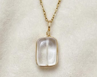 Chunky Clear Quartz Pendant, Gold Wire Wrapped Healing Crystal Necklace, April Birthstone