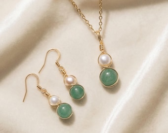 Green Aventurine Necklace & Pearl Earrings Set - Gold Silver Crystal Jewellery, Lucky Stone, Tarnish Free, Gift for Her