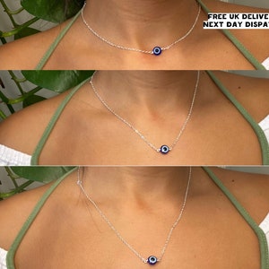 Dainty Silver Evil Eye Necklace Choker Protection Jewellery Minimalist Dark Blue Bead Nazar Eye Turkish Eye image 5