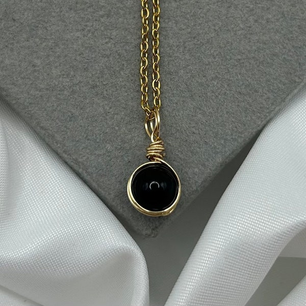 Black Obsidian Crystal Necklace: Gold Wire Wrapped Healing Pendant