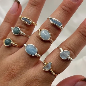 Aquamarine Crystal Rings March Birthstone Wire Wrapped Gold Silver Healing Crystal Dainty Gemstone Unique Natural Stone Handmade Jewellery