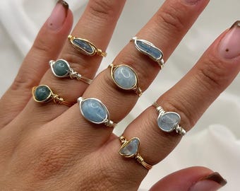 Handmade Aquamarine Crystal Ring: Wire Wrapped March Birthstone Jewelry