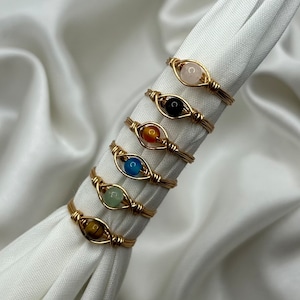 Gold Crystal Ring Custom Dainty Handmade Wire Wrapped Unique Gemstone Boho Rings For Women Hippie Jewellery Aventurine Rose Quartz Carnelian