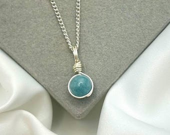 Handmade March Birthstone Aquamarine Necklace: Silver Wire-Wrapped Crystal