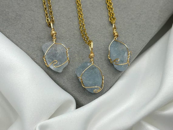 Raw Celestite Crystal Necklace: Gold Wire Wrapped Calming Pendant - Main Image