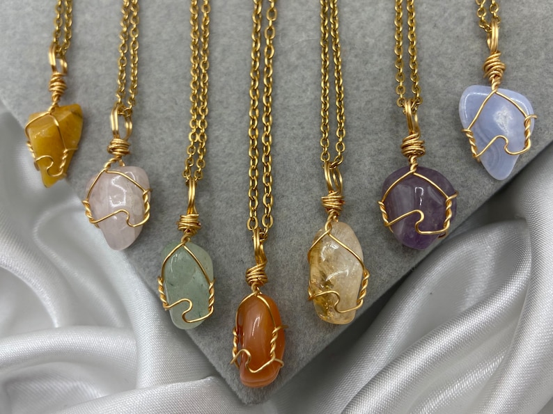 Dainty Healing Crystal Necklaces Gold Boho Amethyst Rose Quartz Green Aventurine Blue Lace Agate Citrine Natural Stone Wire Wrap Pendant zdjęcie 4