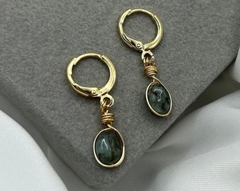 May Birthstone Emerald Earrings Gold Taurus Healing Crystal Huggie Hoops Natural Stone Wire Wrapped Hippie Handmade Jewellery Gift for Her