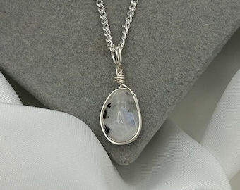 Rainbow Moonstone Crystal Pendant Necklace: Handmade Silver Plated Jewellery