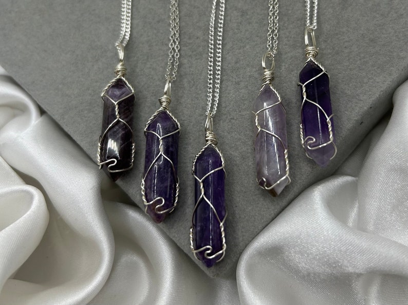 Amethyst Crystal Point Necklace, Healing Crystal Pendant, Silver Cable Curb Chain, Handmade Jewellery Gemstone Jewellery Gift Natural image 2