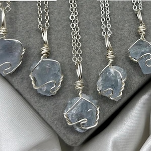 Raw Celestite healing crystal necklace wire wrapped necklace silver chain or cord blue crystal Celestine summer Jewelry peace calm