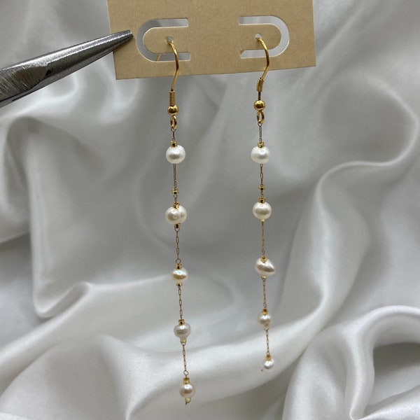 Pearl Gold Dangle Drop Earring, Dainty Bridal Jewellery, Minimalist, Wedding, Bridesmaid, Gift for Her