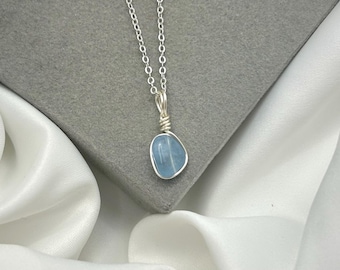 Aquamarine Necklace: Wire-Wrapped Silver-Plated Crystal Pendant