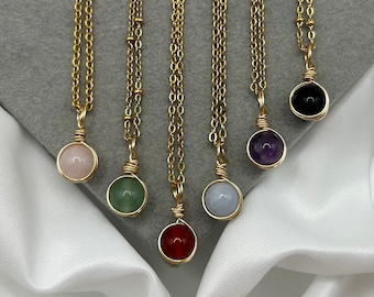 Dainty Healing Crystal Necklaces Gold Boho Amethyst Rose Quartz Green Aventurine Carnelian Aquamarine Natural Stone Wire Wrap Pendant