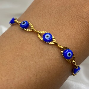 Gold Evil Eye bracelet Tarnish Resistant, Nazar’s Eye, Protection, Dark Blue, Stainless Steel, Good Luck, Summer Jewellery