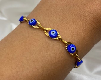 Gold Evil Eye bracelet Tarnish Resistant, Nazar’s Eye, Protection, Dark Blue, Stainless Steel, Good Luck, Summer Jewellery