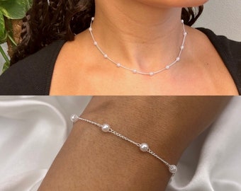 Silver Pearl Bracelet Necklace Set, Dainty Pearl Beaded Bridesmaids Gift Wedding Jewellery, Bride Friendship Simple Minimalist Everyday