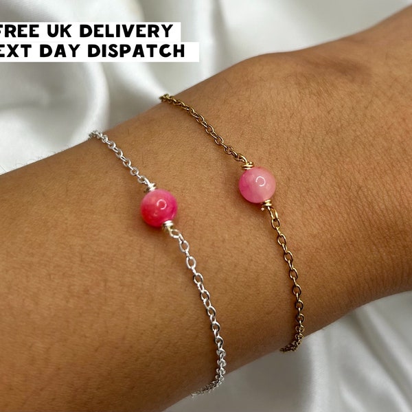 Dainty Pink Agate Healing Crystal Bracelet Silver Gold Boho Natural Gemstone Gift for Her Friendship Bracelet Wire Wrap Hippie Handmade