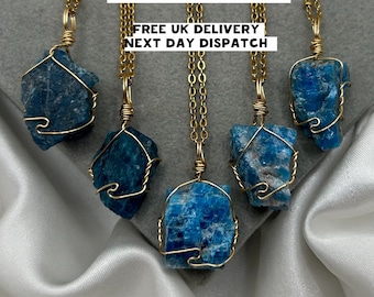 May include: Five gold wire wrapped blue apatite crystal pendants on gold chains.  FREE UK DELIVERY NEXT DAY DISPATCH.