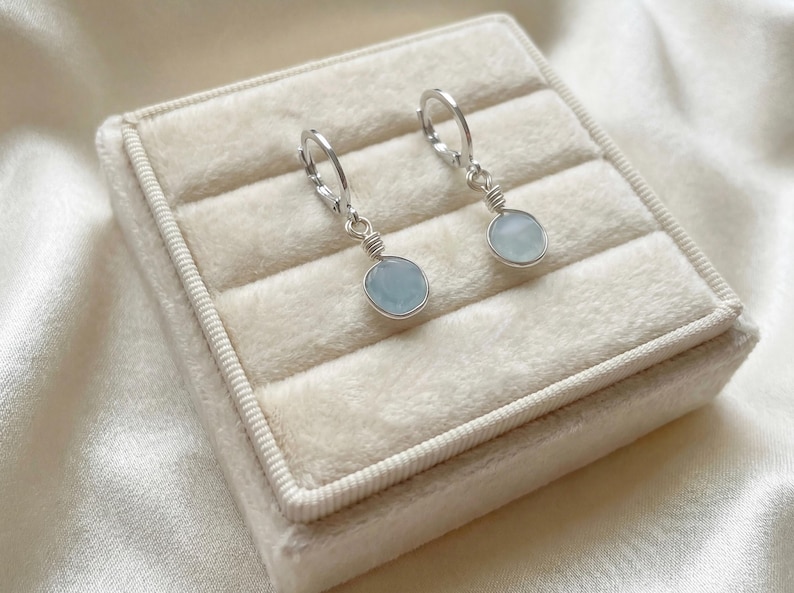 Aquamarine Silver Huggie Hoop Earrings: Dainty March Birthstone Jewelry image 5