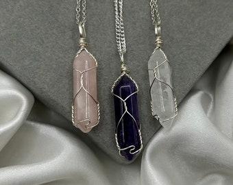 Handmade Silver Healing Crystal Point Necklace: Quartz, Rose Quartz, Amethyst