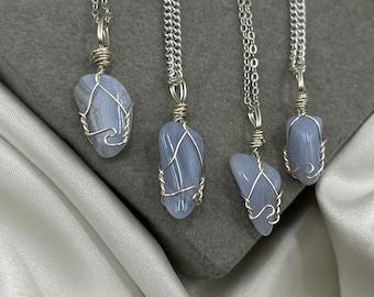 Blue Lace Agate Crystal Necklace, Healing Crystal Pendant, Boho Charm, Natural Stone, Wire Wrapped, Hippie Jewelry, Silver