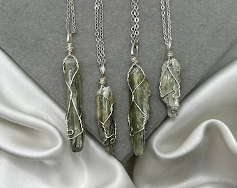 Green Kyanite Crystal Necklace: Handmade Silver Plated Gemstone Pendant