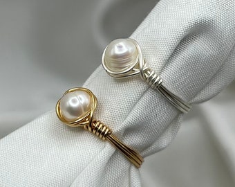 Freshwater Pearl Rings Gold Silver Wire Wrapped Bridesmaid Wedding Bridal Gift