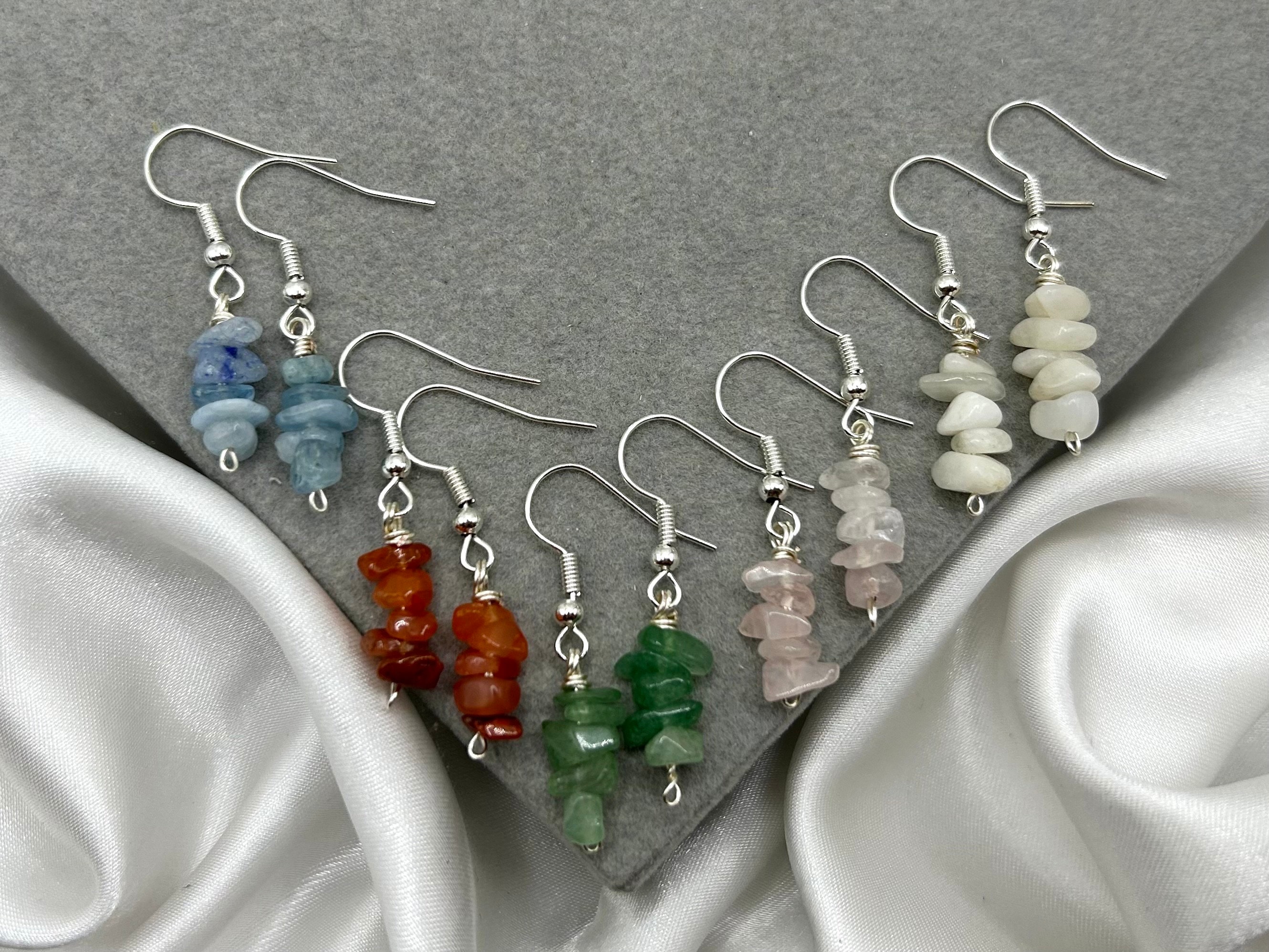 Healing Crystal Earrings Silver, Dangle Drop Earring, Birthstone, Dainty, Minimalist, Rose Quartz Aventurine Carnelian Aquamarine
