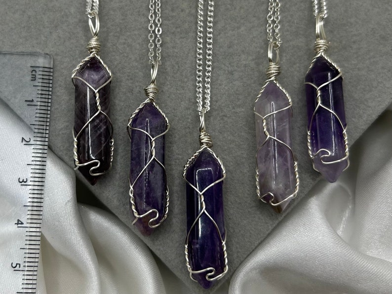 Amethyst Crystal Point Necklace, Healing Crystal Pendant, Silver Cable Curb Chain, Handmade Jewellery Gemstone Jewellery Gift Natural image 4