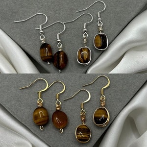 Raw Crystal Earrings Tigers Eye Healing Crystal Dangle Drop Earring Jewellery Confidence Protection Strength Natural Stone Silver Gold