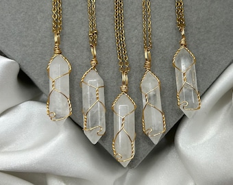 Clear Quartz Crystal Point Necklace: Gold Wire Wrapped Healing Pendant