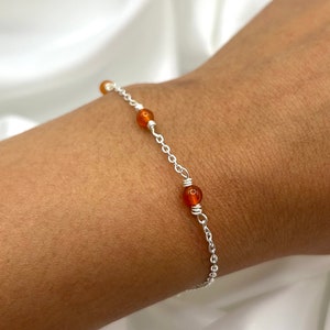 Carnelian Bracelet: July Birthstone, Natural Crystal Jewellery in Silver, Minimalist Beaded Design