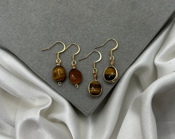 Tigers Eye Crystal Earrings Dangle Drop Healing Crystal Gold Earring Jewellery Confidence Protection Strength Natural Stone Gemstone