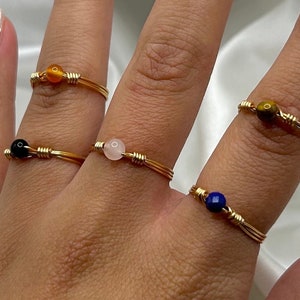Gold Crystal Ring Dainty Handmade Wire Wrapped Unique Gemstone Boho Rings For Women Hippie Jewellery Carnelian Rose Quartz Tigers Eye