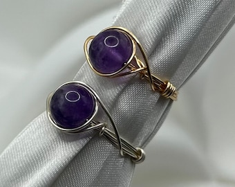 Silver Gold Amethyst Crystal Rings Healing Crystal Rings Dainty Gemstone Wire Wrapped Ring Unique Natural Stone Handmade Jewellery