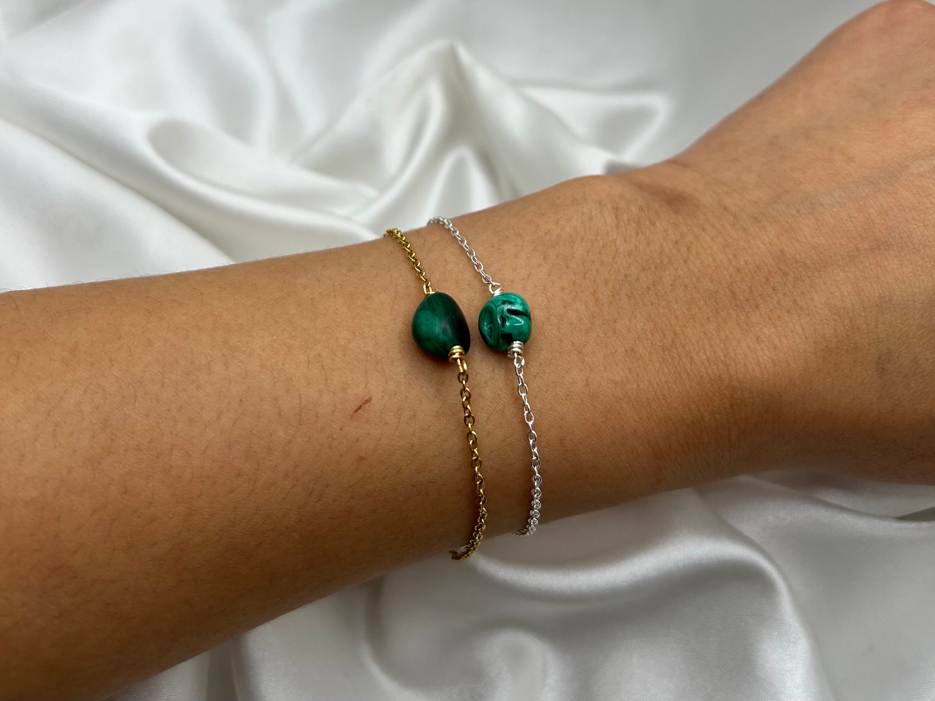 Healing Crystal Malachite Bracelet, Dainty Beaded Friendship Best Friend Jewellery,  Simple Minimalist, Everyday Handmade Silver Gold