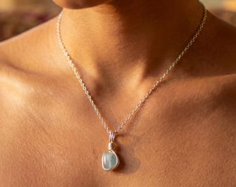 Dainty Silver Aquamarine Necklace, March Birthstone Jewellery, Handmade Wire Wrapped, Natural Stone Nugget Pendant