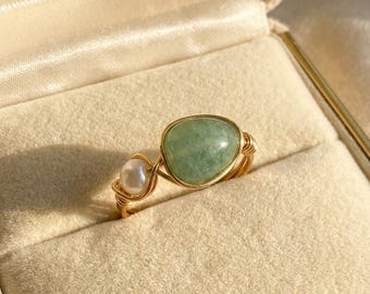 Green Aventurine and Freshwater Pearl Rings - Gold Silver