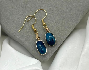 Dainty Blue Apatite Crystal Earrings, Dangle Drop Earring, Hippie Boho Gemstone Hooks, Minimalist, Something Blue Gift for Herr Handmade