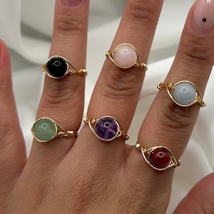 Gold Healing Crystal Rings Dainty Gemstone Wire Wrapped Rings Unique Natural Stone Handmad Jewellery Carnelian Rose Quartz Aventurine