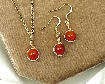 Carnelian Necklace Earring Set: Gold Wire Wrap, Healing Crystal Jewelry
