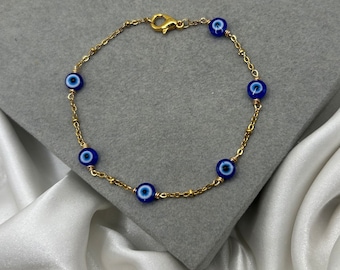 Gold Multiple Evil Eye Bracelet, Blue Dainty Eye Bracelet, Handmade Jewellery, Tarnish Resistant Stainless Steel, Friendship Gift, Nazar Eye
