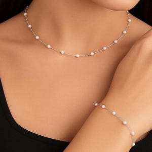 Silver Pearl Necklace & Bracelet Set, Dainty, Choker, Bridesmaid  Wedding Bridal Jewellery